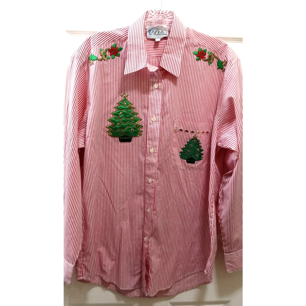 Las Olas Button Up Womens Red White Striped Shirt Sz S Christmas VTG Embroidered